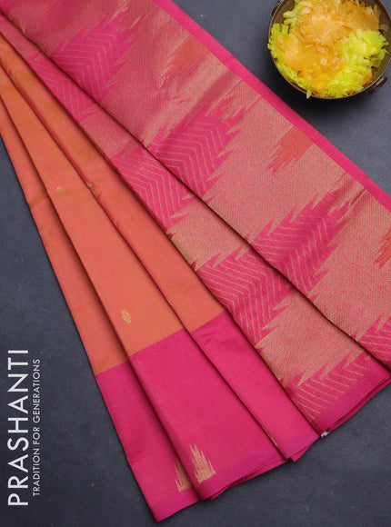 Silk cotton saree mustard yellow and peach pink with zari woven buttas and temple design zari woven border