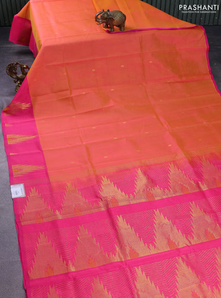 Silk cotton saree mustard yellow and peach pink with zari woven buttas and temple design zari woven border