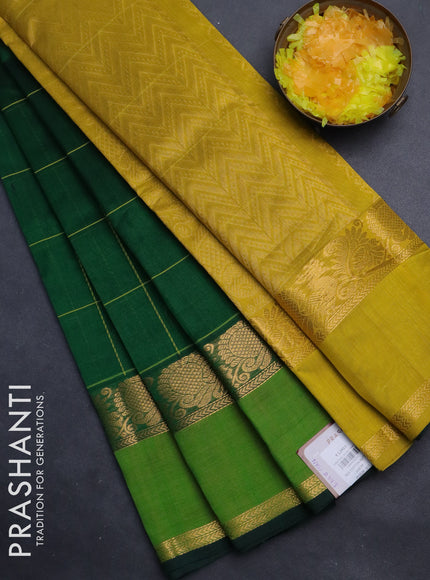 Silk cotton saree green and yellow with checked pattern & buttas and rettapet zari woven border