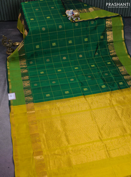 Silk cotton saree green and yellow with checked pattern & buttas and rettapet zari woven border