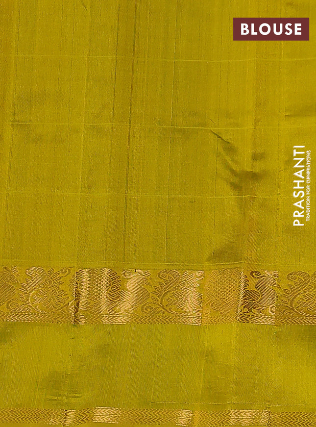 Silk cotton saree green and yellow with checked pattern & buttas and rettapet zari woven border