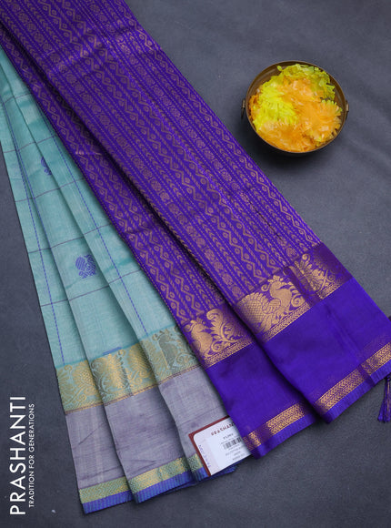 Silk cotton saree teal shade and blue with checked pattern & buttas and rettapet zari woven border