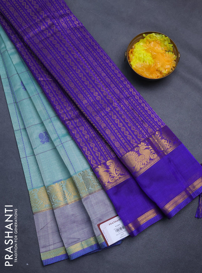 Silk cotton saree teal shade and blue with checked pattern & buttas and rettapet zari woven border