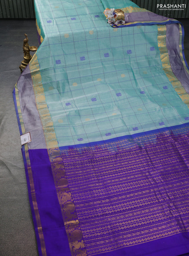 Silk cotton saree teal shade and blue with checked pattern & buttas and rettapet zari woven border