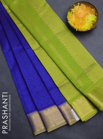 Silk cotton saree blue and light green with allover self emboss jacquard and zari woven border