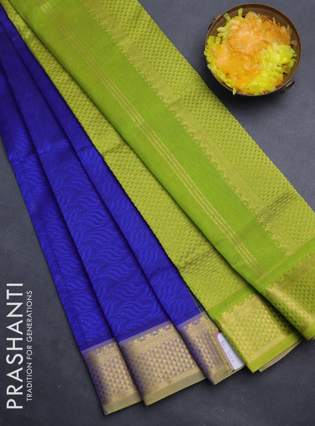 Silk cotton saree blue and light green with allover self emboss jacquard and zari woven border