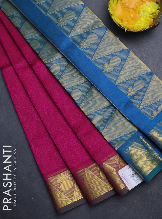 Silk cotton saree pink and dual shade of cs blue with allover self emboss jacquard and zari woven border