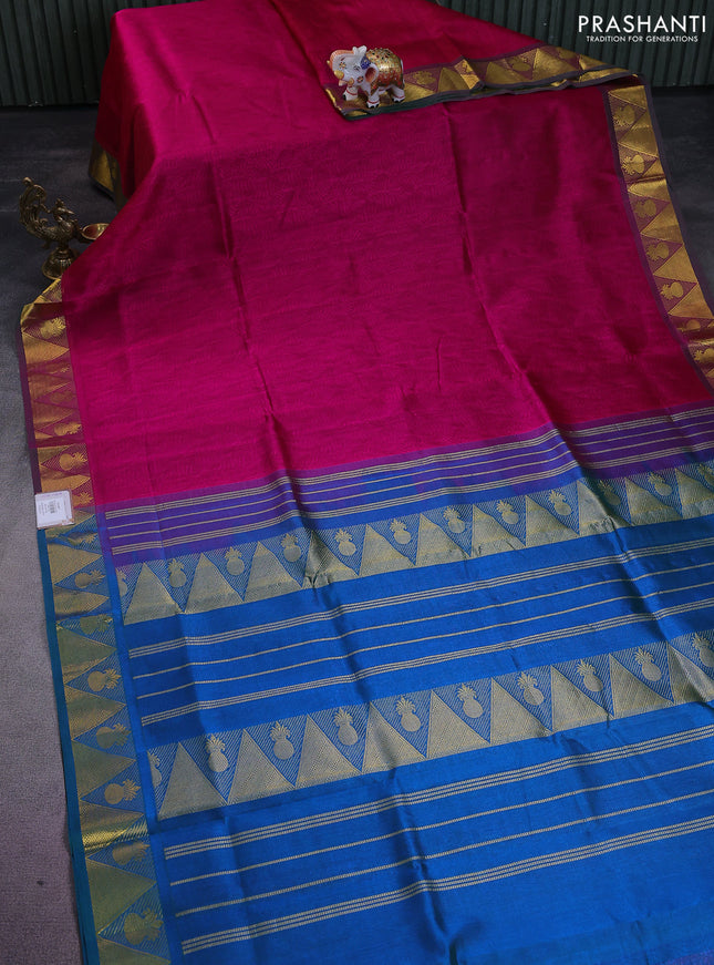 Silk cotton saree pink and dual shade of cs blue with allover self emboss jacquard and zari woven border