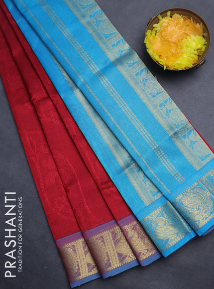 Silk cotton saree maroon and light blue with allover self emboss jacquard and annam zari woven border