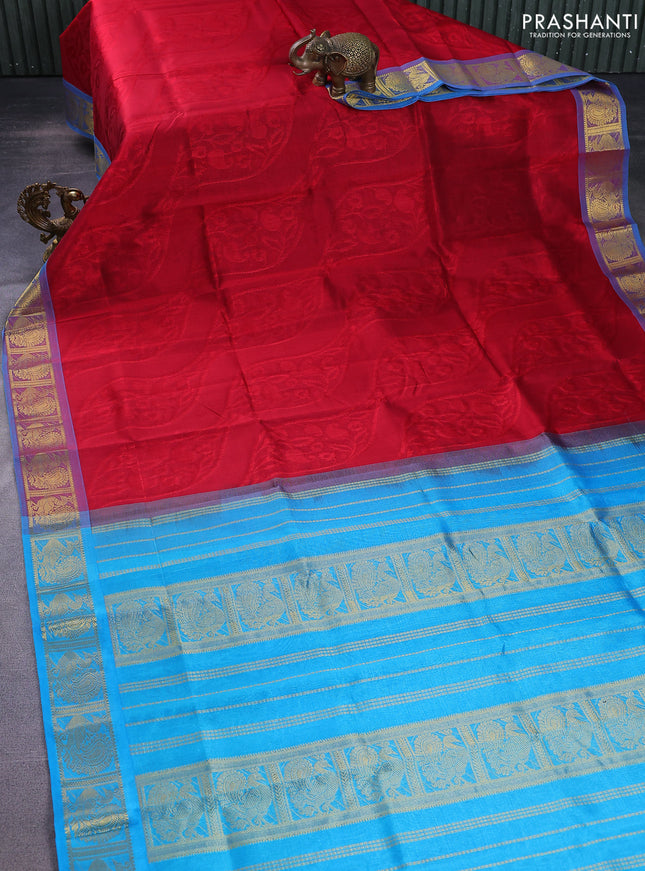 Silk cotton saree maroon and light blue with allover self emboss jacquard and annam zari woven border