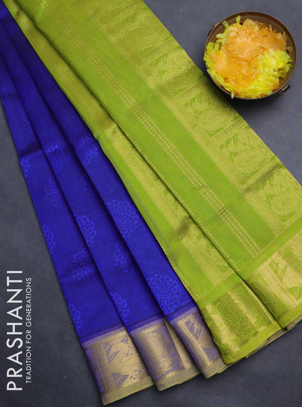 Silk cotton saree blue and light green with allover self emboss jacquard and annam zari woven border