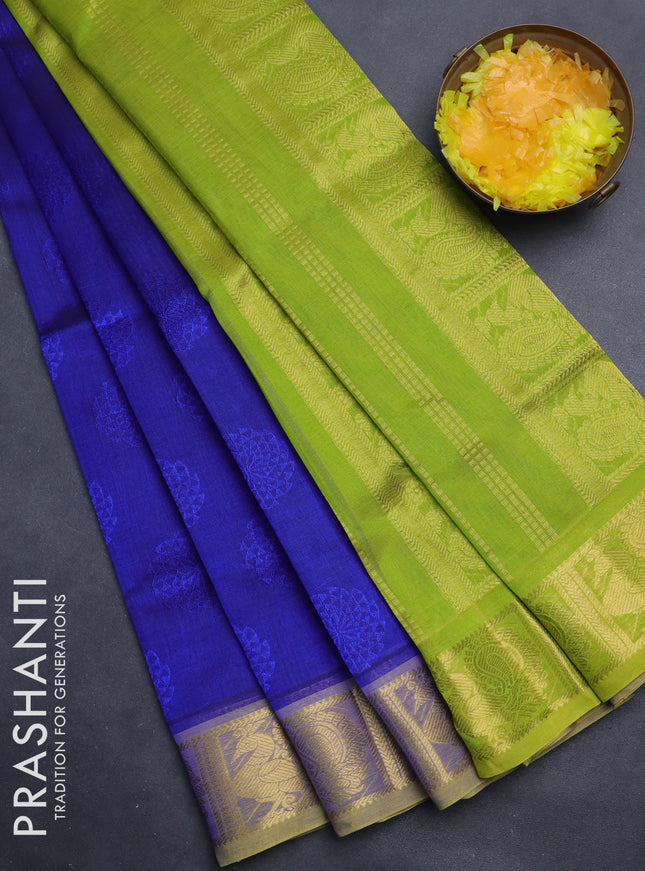 Silk cotton saree blue and light green with allover self emboss jacquard and annam zari woven border