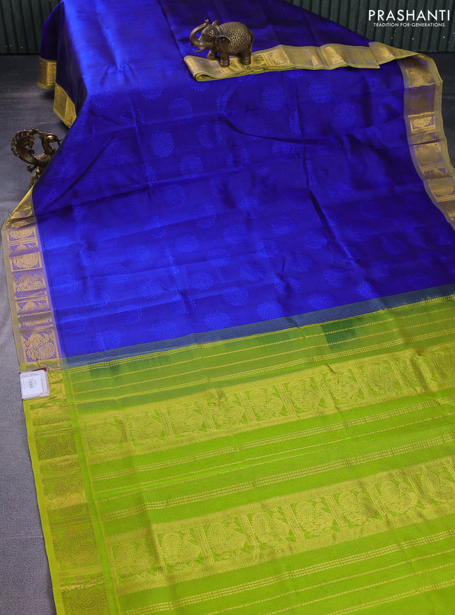 Silk cotton saree blue and light green with allover self emboss jacquard and annam zari woven border