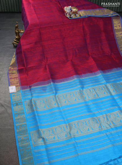 Silk cotton saree maroon and cs blue with allover self emboss jacquard and annam zari woven border