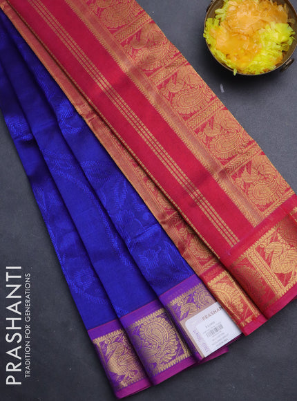 Silk cotton saree blue and pink with allover self emboss jacquard and annam zari woven border