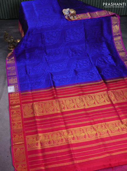 Silk cotton saree blue and pink with allover self emboss jacquard and annam zari woven border