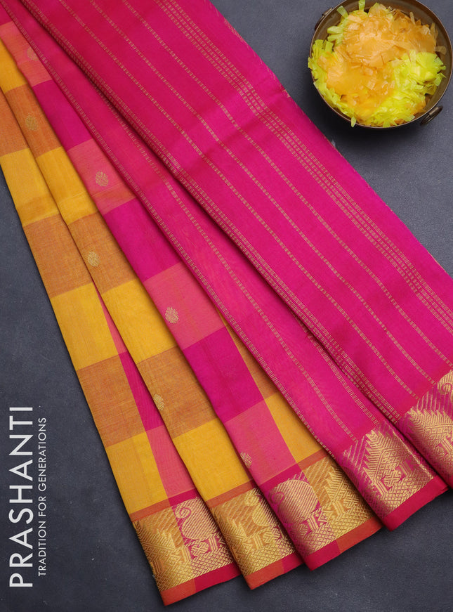 Silk cotton saree yellow and pink with allover paalum pazhamum checks & zari buttas and paisley & temple zari woven border