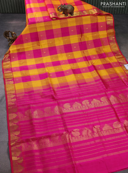 Silk cotton saree yellow and pink with allover paalum pazhamum checks & zari buttas and paisley & temple zari woven border