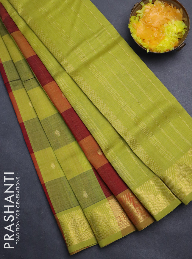 Silk cotton saree maroon and lime yellow with allover paalum pazhamum checks & zari buttas and paisley & temple zari woven border