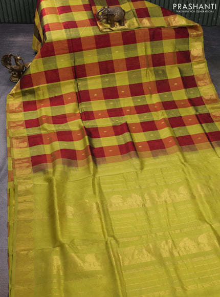 Silk cotton saree maroon and lime yellow with allover paalum pazhamum checks & zari buttas and paisley & temple zari woven border