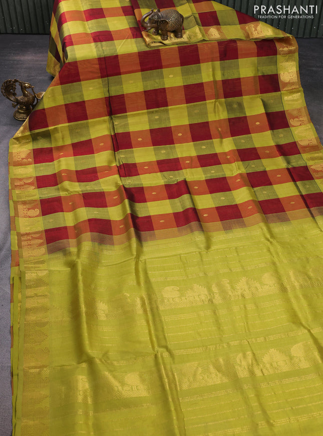Silk cotton saree maroon and lime yellow with allover paalum pazhamum checks & zari buttas and paisley & temple zari woven border