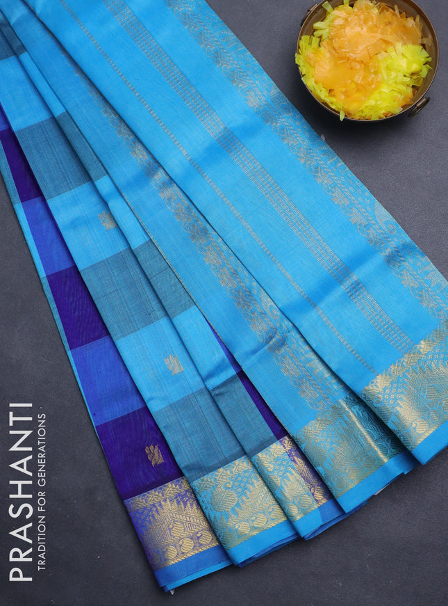 Silk cotton saree blue and cs blue with allover paalum pazhamum checks & zari buttas and zari woven border