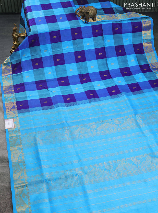 Silk cotton saree blue and cs blue with allover paalum pazhamum checks & zari buttas and zari woven border
