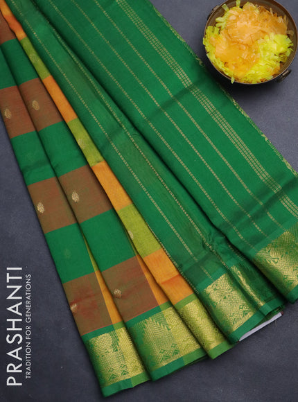 Silk cotton saree orange and green with allover paalum pazhamum checks & zari buttas and annam zari woven border