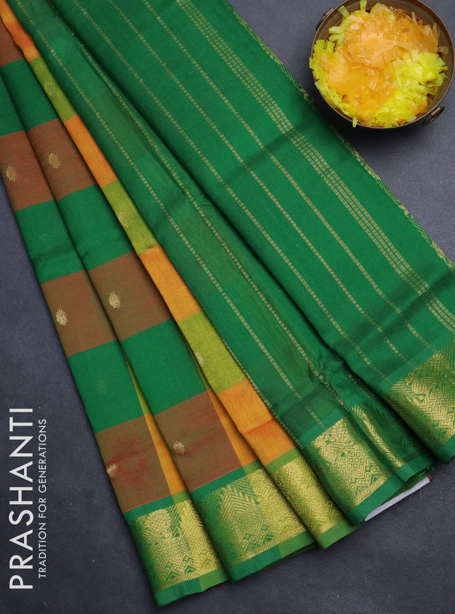 Silk cotton saree orange and green with allover paalum pazhamum checks & zari buttas and annam zari woven border