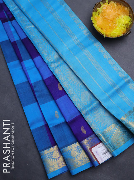 Silk cotton saree cream and cs blue with allover paalum pazhamum checks & zari buttas and zari woven border