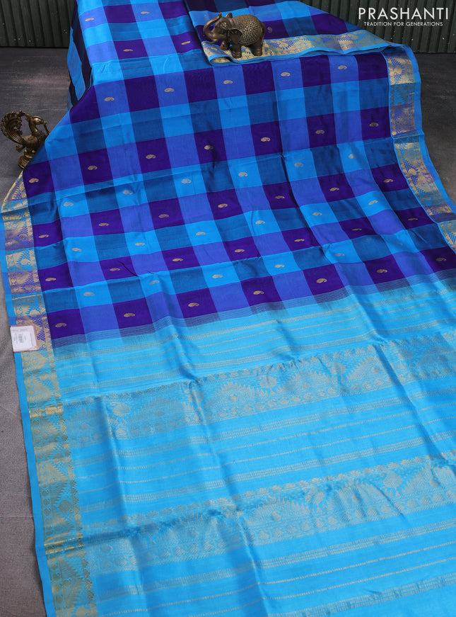 Silk cotton saree cream and cs blue with allover paalum pazhamum checks & zari buttas and zari woven border