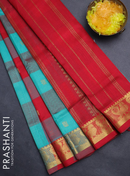 Silk cotton saree teal green and red with allover paalum pazhamum checks & zari buttas and zari woven border