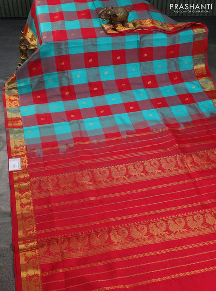 Silk cotton saree teal green and red with allover paalum pazhamum checks & zari buttas and zari woven border
