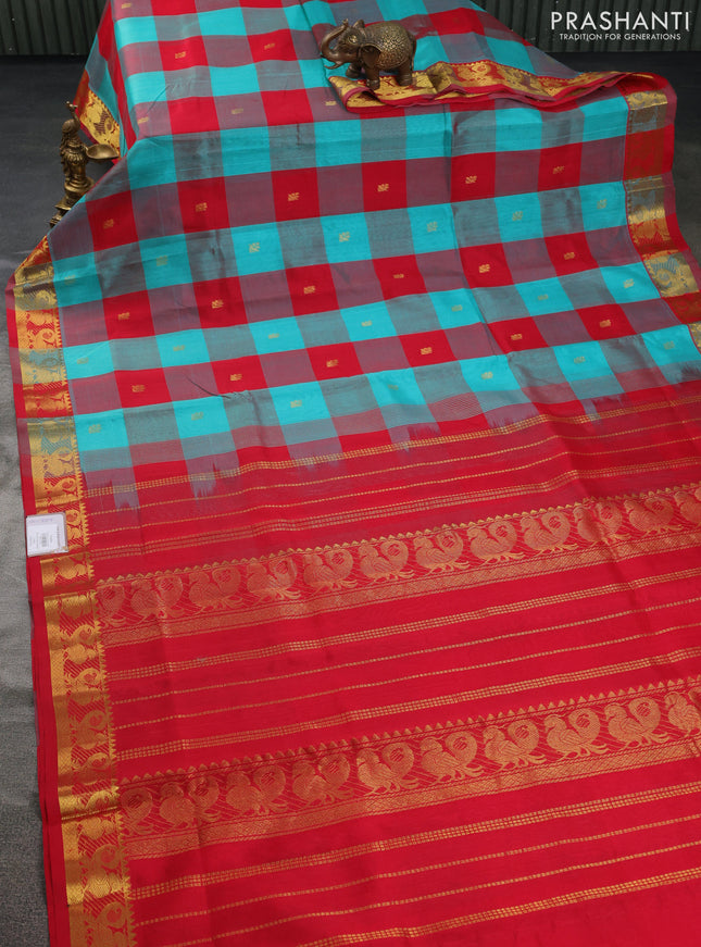 Silk cotton saree teal green and red with allover paalum pazhamum checks & zari buttas and zari woven border
