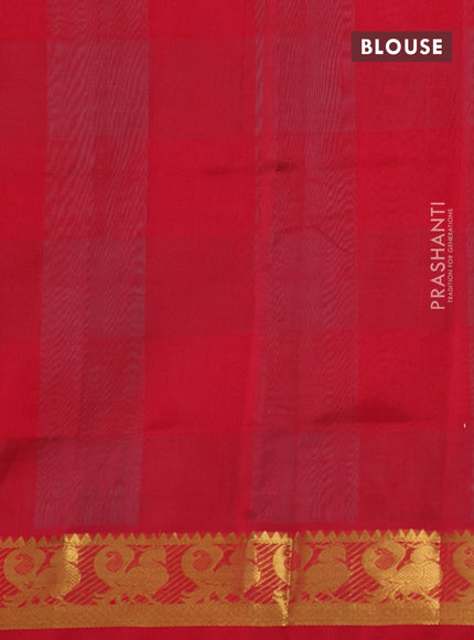Silk cotton saree teal green and red with allover paalum pazhamum checks & zari buttas and zari woven border
