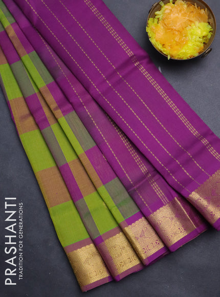 Silk cotton saree light green and purple with allover paalum pazhamum checks & zari buttas and zari woven border
