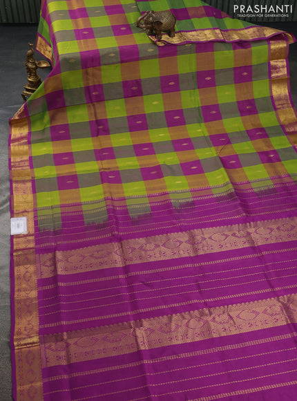 Silk cotton saree light green and purple with allover paalum pazhamum checks & zari buttas and zari woven border