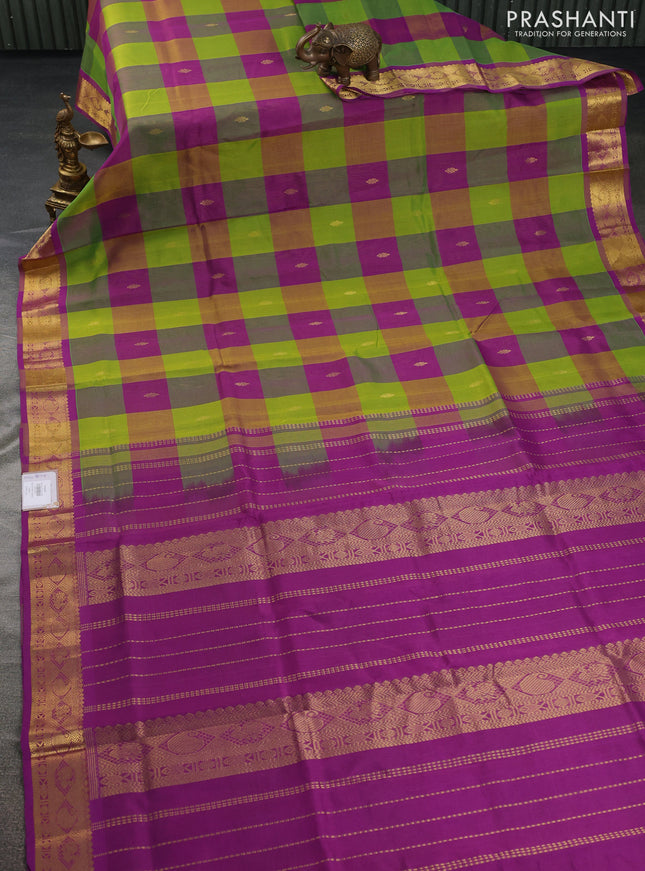 Silk cotton saree light green and purple with allover paalum pazhamum checks & zari buttas and zari woven border