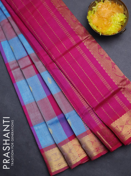 Silk cotton saree light blue and pink with allover paalum pazhamum checks & zari buttas and zari woven border