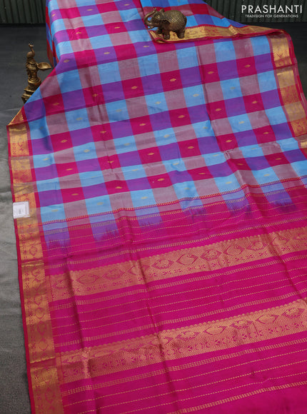 Silk cotton saree light blue and pink with allover paalum pazhamum checks & zari buttas and zari woven border