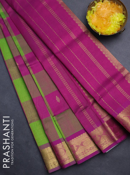 Silk cotton saree light green and purple with allover paalum pazhamum checks & zari buttas and zari woven border