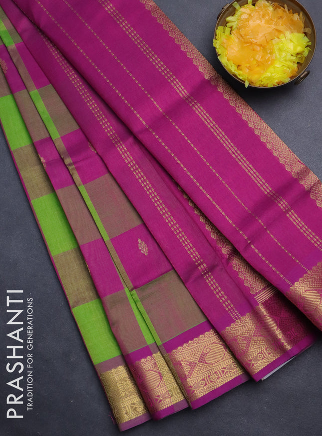 Silk cotton saree light green and purple with allover paalum pazhamum checks & zari buttas and zari woven border