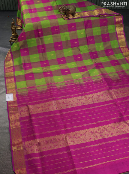 Silk cotton saree light green and purple with allover paalum pazhamum checks & zari buttas and zari woven border