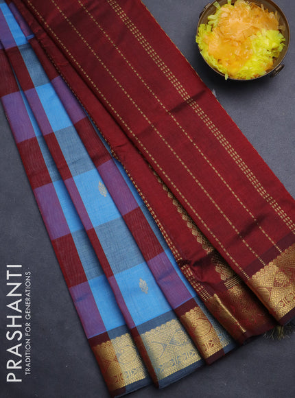 Silk cotton saree pastel blue and maroon with allover paalum pazhamum checks & zari buttas and zari woven border
