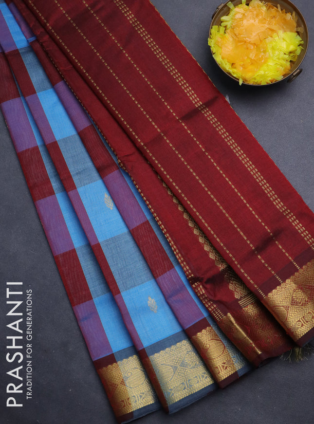 Silk cotton saree pastel blue and maroon with allover paalum pazhamum checks & zari buttas and zari woven border