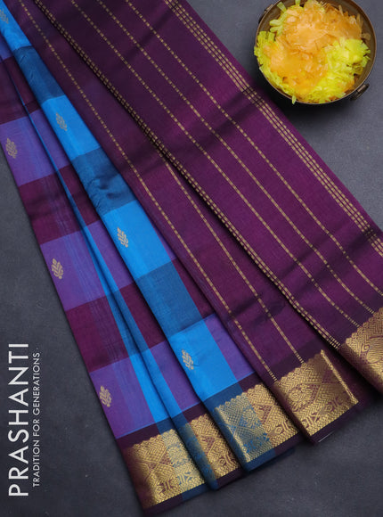 Silk cotton saree cs blue and deep purple with allover paalum pazhamum checks & zari buttas and zari woven border