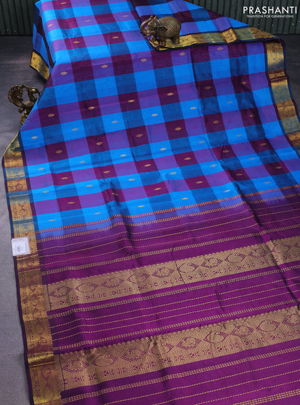Silk cotton saree cs blue and deep purple with allover paalum pazhamum checks & zari buttas and zari woven border