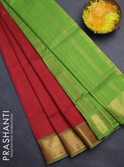 Silk cotton saree red and light green with allover vairaosi pattern and annam zari woven border
