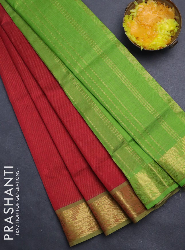 Silk cotton saree red and light green with allover vairaosi pattern and annam zari woven border