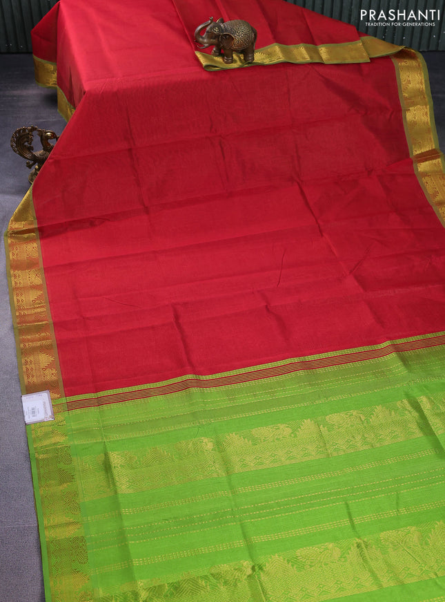 Silk cotton saree red and light green with allover vairaosi pattern and annam zari woven border
